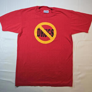 VTG 80s Hanes 50/50 “NO DRUGS” Red Tee M 38–40 Made in USA Single Stitch